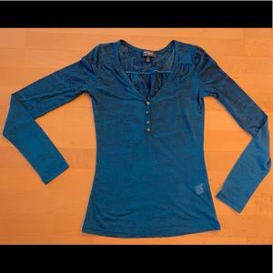 Stretchy Teal Scoop Henley Patterned Top Blouse